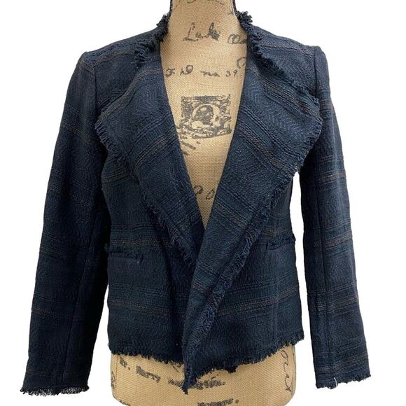 Ann Taylor navy and black woven open front raw seams blazer - Picture 1 of 7